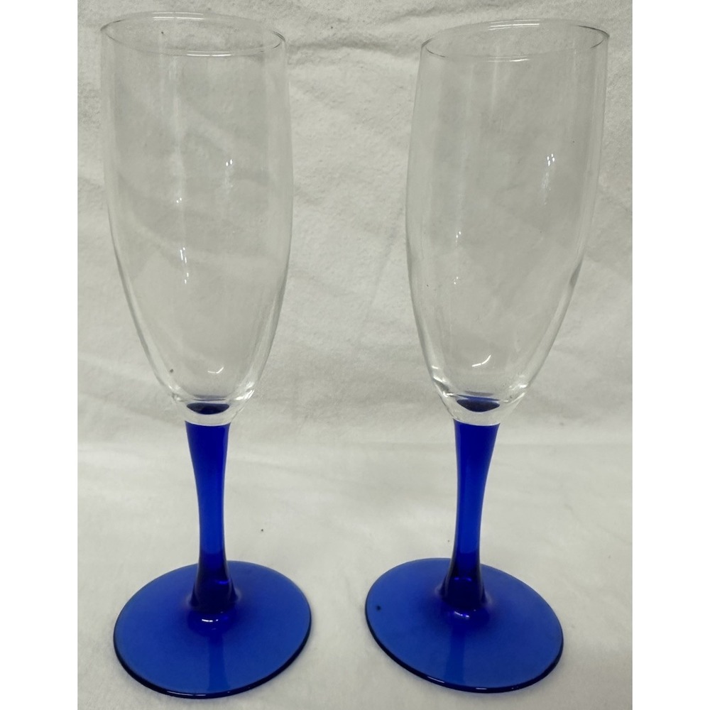 Cobalt Blue Stem Champagne Glasses 7 7/8" Set Of 2